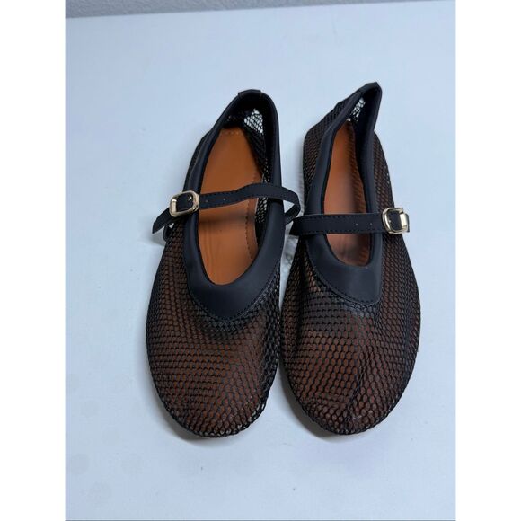 Women’s Black Mesh Mary Jane Flats Buckle Straps - Picture 5 of 13